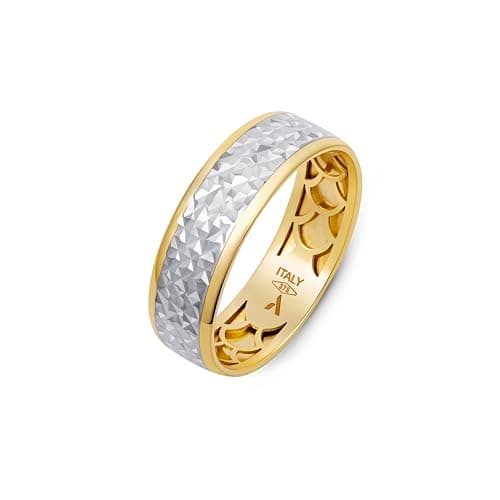Image of Amberta Solid Italian 9ct Gold Diamond Cut Ring | 6 mm Real 9ct Yellow White Two-Tone Gold Wedding Band Ring for Women: 5.5 mm Two Tone Ring Size O