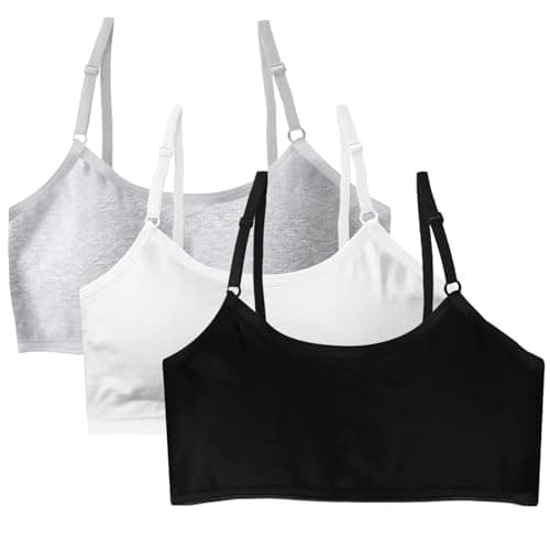 Image of FUIPVGI 3 Pack Sports Bra for Girls Soft Cotton Training Bras Underwear with Fixed Bust Pads and Adjustable Strap,Seamless Sports Underwear for Girls Teens 10-14 Years (Black,White,Grey)