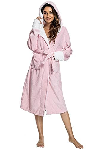 Image of CMTOP Ladies Soft Cosy Hooded Dressing Gown Plush Bath Robe for Women Housecoat Loungewear Bathrobe Terry Towelling Cotton Highly Absorbent