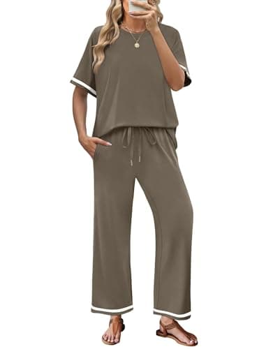 Image of Desol Women’s Two Piece Outfits Summer Co ord Sets Short Sleeve Casual Tracksuit Lounge Wear Set with Pockets Brown Size 22 24