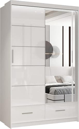 Image of MN Furniture Sycylia High Gloss Sliding Door Wardrobe with Mirror, LED Light & Bottom Drawers | Available in 150cm, 208cm, 255cm (White, 150cm)