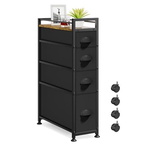 Image of VASZOLA 4 Drawer Narrow Dresser Slim Cabinet Skinny Storage Tower Chest, Ideal for Small Spaces Bathroom Bedroom, Between Washer and Dryer, Lightweight Mobile on Wheels, Sturdy Fabric Drawers, Black