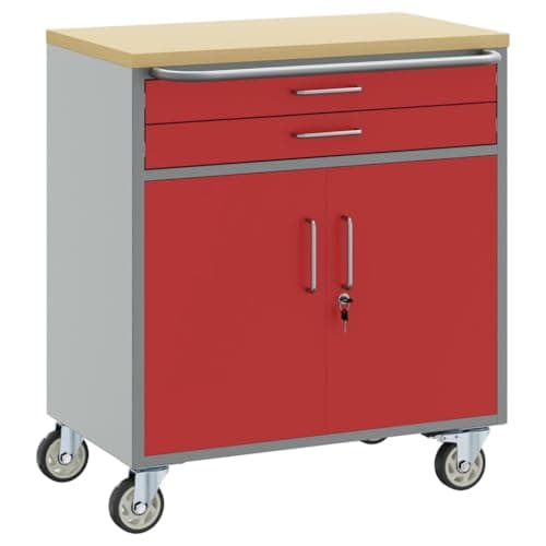Image of RCODSSK Engineered Wood Steel Workbench with Drawer, Red and Grey Rectangular Workshop Bench 75 x 45 x 85 cm