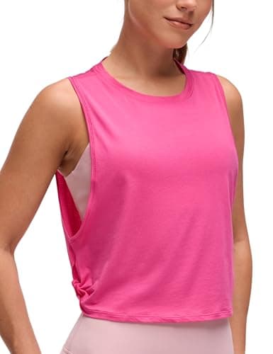 Image of CRZ YOGA Pima Cotton Summer Gym Sleeveless Vest Tops for Women Light Elastic Running Crop Top Loose Crew Neck Yoga Shirt Sonic Pink 12