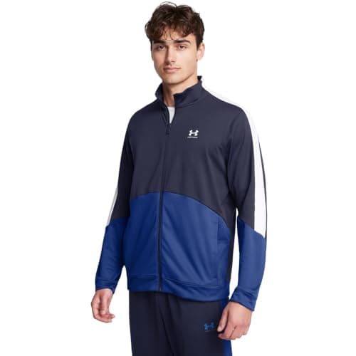 Image of Under Armour Men's Tricot Fashion Jacket Sweater, (410) Midnight Navy/Tech Blue/White, 3XL