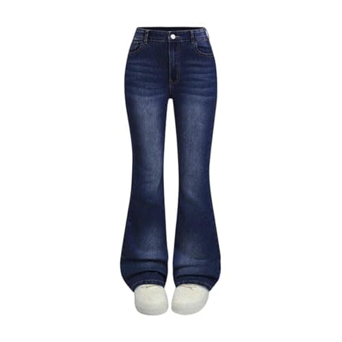 Image of Flared Jeans Girls 13-14 12-13 14-15 11-12 Dark Blue Teen High Stretch Skinny Mid Rise Denim Trousers Pull On Wide Leg Bootcut Pants with Pockets for Casual Everyday Wear Kids Fashion Retro Streetwear