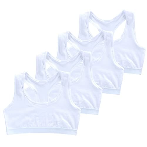 Image of Uposao 4pcs Girls Sports Bra Cotton Girls Tank Top, Seamless Training Bra for Kids Teens Starter Bras Girl Bustier Underwear for Girl 9-14 Years Old White
