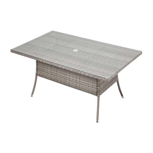 Image of Warmiehomy Rattan Garden Table 120x80cm Outdoor Dining Table with Parasol Hole Tempered Glass Tabletop Wicker Patio Tables Grey Outdoor Side Tables