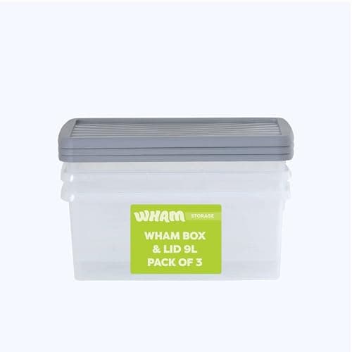 Image of Wham Box 3 x 9L Stackable Plastic Storage Boxes with Lids | Ideal for Home, Office, Toys & More | Secure, Ribbed Clip-On Lid for Added Strength | Made in UK - Clear/Steel