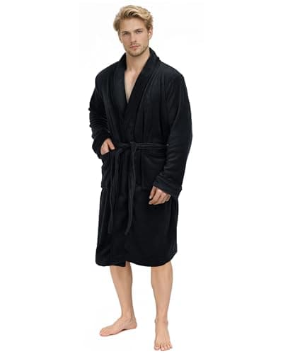 Image of NY Threads Luxury Men Dressing Gown Super Soft Fleece Bath Robe Cozy Shawl Collar Loungewear and Nightwear, Medium, Black