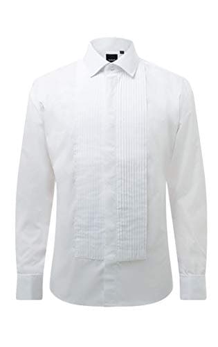 Image of Dobell Mens White Tuxedo Dress Shirt Regular Fit Standard Collar Double Cuff Pleated Fly Front-17.5
