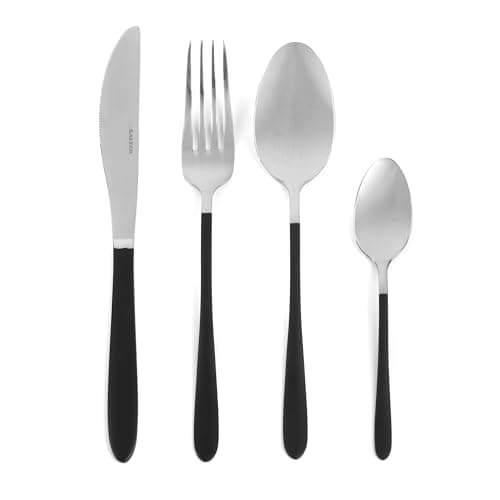 Image of Salter BW07217 16-Piece Cutlery Set- Full Flatware Set for Four, Tableware Set Including Forks, Knives, Spoons and Teaspoons, Black Coated Handles, Mirror Finish, Stainless Steel, Noir Silver