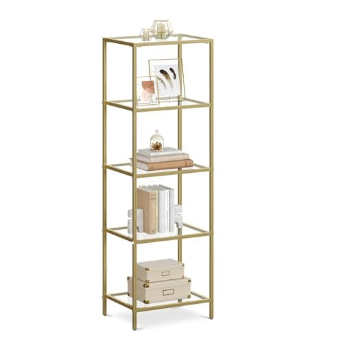 Image of VASAGLE 5-Tier Glass Shelf, Bookshelf, Storage Rack, Tempered Glass, Easy Assembly, for Bathroom, Living Room, Bedroom, Office, Metallic Gold LGT029A01