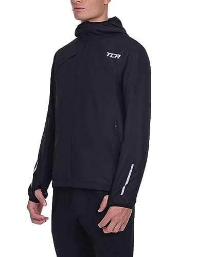 Image of TCA Men's Running Softshell Jacket - Rain Jacket with Hood Waterproof Packable Travel Windbreaker with Zip Pockets - Black Stealth, XL