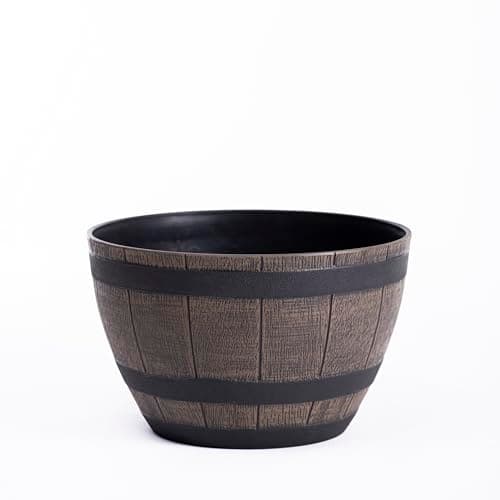 Image of Garden Gear Curved Wooden Barrel Planter Rustic Oak Effect Weatherproof Plastic Outdoor Indoor Flower Pot 3 Sizes Medium Large XL (Small x1)