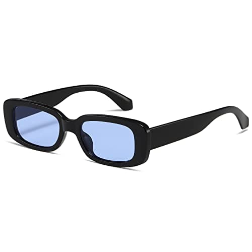 Image of kimorn Rectangle Sunglasses for Women Men Trendy Retro Fashion Glasses 90’s Vintage UV 400 Protection Square Fram K1200 (Black Frame Blue Lens, 65)