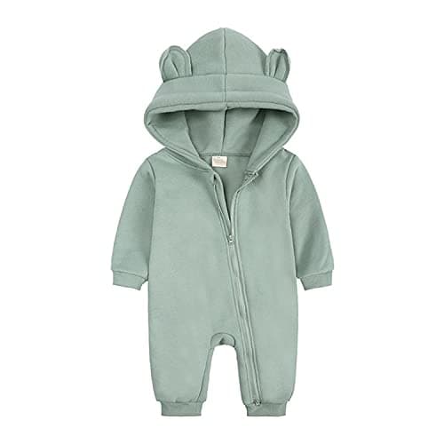 Image of Alunsito Newborn Baby Jumpsuit Bear Ear Hooded Rompers Long Sleeve Zipper Bodysuit Fall Winter Outwear Outfits Green 59 0-3 Months