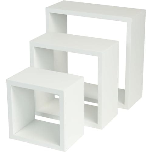 Image of YORKSHIRE HOMEWARE Set Of 3 Retro Design Cali Wall Floating Cube Box | Wall Mounted Display Shelving Unit for Bedroom, Living Room | Large, Medium, Small Wooden Shelf | Floating Shelves (White)