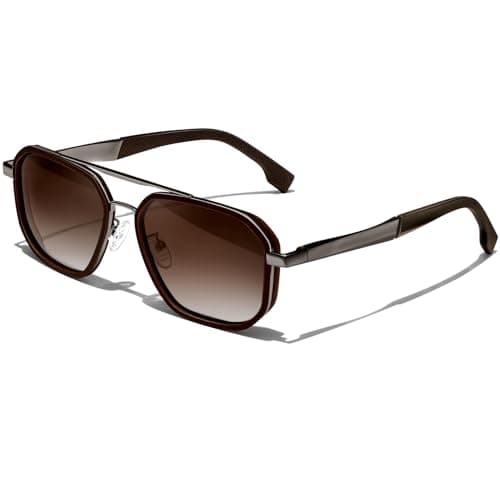 Image of KANASTAL Brown Sunglasses Mens Polarised Womens Square Ladies Classic Retro Vintage Wide Metal Driving Fashion UV400 - Black Frame Gradient Brown Lens