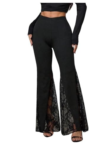Image of GORGLITTER Lace Flared Trousers Women Elastic High Waist Flare Leg Pants Skinny Bell Bottoms Summer Dressy Retro Outfit Black S