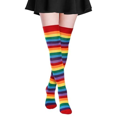 Image of Alaoo Women's Knee High Socks, Thin Stripe Women Extra Long Thigh High Socks, Casual Striped Knee Thigh for Daily Wear, Cosplay, Carnival, Masquerade (Rainbow Colors)