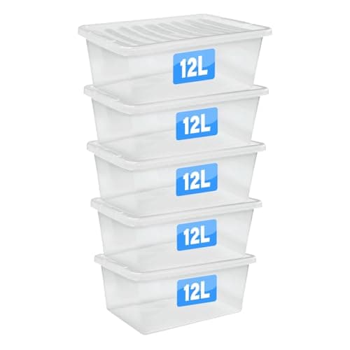 Image of FINE STAR Set of 5 Crystal Clear Plastic Storage Box Boxes With Lids UK BRITISH MADE Home Office Stackable (12 LITRE)