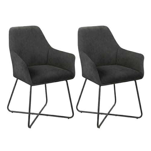 Image of EVRE Upholstered Dining Chairs Set of 2 | Fabric Armchairs with Padded Arms & Black Metal Legs, Modern Chairs for Kitchen, Dining Room & Bedroom(Charcoal Grey, Fabric).