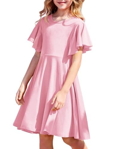Image of Arshiner Dresses for Girls Butterfly Sleeves Summer Dress Cotton Children's Formal Dresses Plain Color Skater Dress Pink 160 Age 12-13