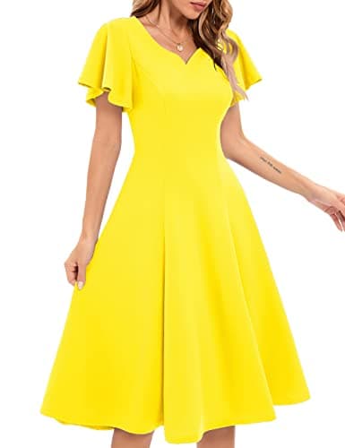 Image of HomRain Elegant Ruffle Sleeve V-Neck Graduation Dress Women's Vintage Semi Formal Knee Length Prom Dress for Wedding Cocktail Casual Tea Party Dresses S Yellow