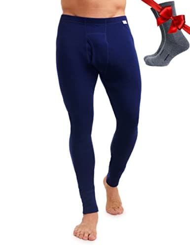 Image of Merino Wool Base Layer Men Leggings Pants 100% Merino Wool Thermal Underwear Long Johns Light, Mid, Heavyweight + Hiking Socks (X-Large, 250 Navy)