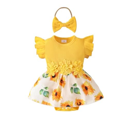 Image of QUNERY Baby Girl Clothes 0-18 Months Newborn Ruffle Sleeve Tops Sunflower Dress Sets Infant Outfits Yellow 6-12 Months