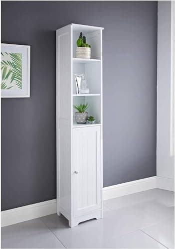 Image of Homme Concept - White Tall Bathroom Cabinet, Narrow Bathroom Storage Cabinets Unit, Free Floor Standing Tallboy Cupboard, Slimline Multi-Purpose Organiser for Bathroom, Living Room, Kitchen, Hallway.