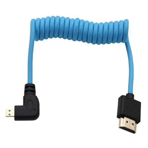 Image of HangTon Right Angle Micro-HDMI 4K 8K High Speed Cable for ATOMOS Ninja V Ultra, Sony ZV-E10 A7C A7R4 A6700, Canon R6II R5C R10, Lumix S5 S9 G100, Fujifilm X-T50, Blue Braided Coiled 30cm