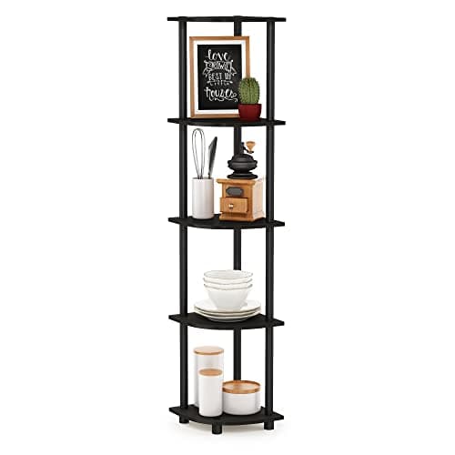 Image of Furinno TURN-N-TUBE Corner Shelf, 5-Tier Corner Bookshelf, Open Storage Shelves, for Organization and Storage, Living Room, Home Office, Garage, Bedroom, Espresso