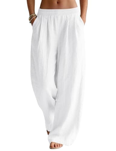 Image of Rapbin Ladies Summer Trousers with Pockets Womens Casual Linen Pants Loose Fit Wide Leg Trouser White L