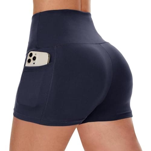 Image of InfiniZer Women's Gym Shorts with Pockets High Waisted Sports Hot Pants Tummy Control Cycling Short Anti Chafing Mini Shorts for Ladies (S/M, Navy)