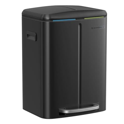 Image of SONGMICS LTB40B02 Kitchen Bin with Two Plastic Inner Buckets (2 x 20 Litres) Metal Pedal Opening Pedal Plastic Inner Soft Close Lid with Handles Odour Resistant Black