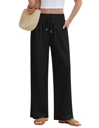 Image of Fashora Women Linen Trousers Summer Wide Leg Trousers Casual Elasticated High Waisted Drawstring Pants for Women Lightweight Baggy Palazzo Beach Trousers with Pockets (Black, XL)