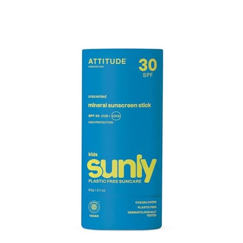 Image of ATTITUDE Mineral Sunscreen Stick for Kids, SPF 30, EWG Verified, Plastic-Free, Broad Spectrum UVA/UVB Protection with Zinc Oxide, Dermatologically Tested, Vegan, Unscented, 60 g