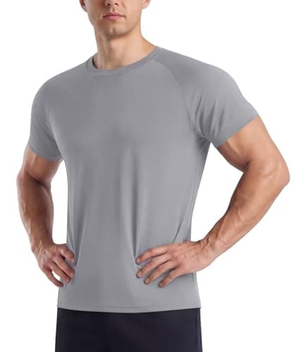 Image of BOOJO Gym T Shirts Men UK Running Quick Dry Fit Top Short Sleeve Crew Neck Tshirt Breathable Active Wear for Sports Work(Light Grey,L)