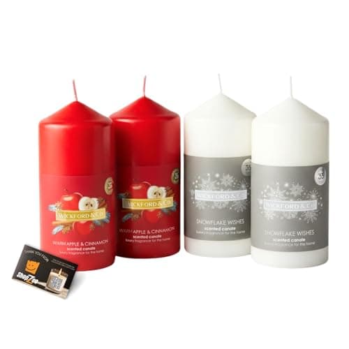 Image of Wickford & Co Festive Scented Pillar Candle Bundle | Warm Apple & Cinnamon, Snowflake Wishes Candles Long Burning 35hrs, Christmas Candles Gifts for Women | Includes ShopZee Safety Tips Guide
