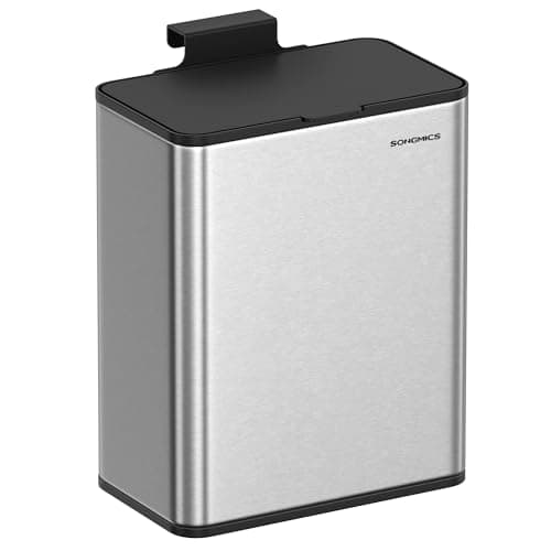 Image of SONGMICS Hanging Kitchen Bin, 2.1-Gallon (8 L) Steel Trash Bin with Lid for Food Waste, Cabinet Door Hanging or Wall-Mounted with Hooks, for Under Sink, Bathrooms, Metallic Silver LTB810E08
