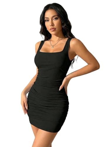 Image of GORGLITTER Women's Square Neck Tank Bodycon Mini Dress Ruched Sleeveless Rib Knit Short Pencil Slimming Dress for Teenager Plain Black M