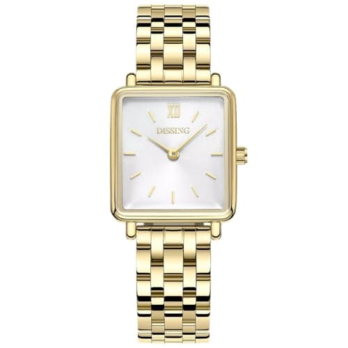 Image of DISSING Women's Watch - Elegant and Minimalist Stainless Steel Watch for Women with Quartz Movement - Classic Analogue Watch for Women, Gold - White - D1570, 26mm, Bracelet