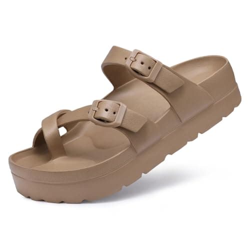 Image of Beslip Women's Platform Sandals with Arch Support Comfortable Foam Slides Lightweight Thick Soles, Adjustable Buckle, Ultra Cushion,Brown Women Size 4.5-5
