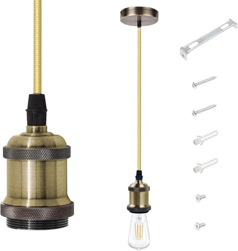 Image of E27 Vintage Ceiling Pendant Light Fitting Modern Retro Industrial Style E27 Base Brass Lamp Holder Pendant Set[Energy Class A+] (Antique Brass)