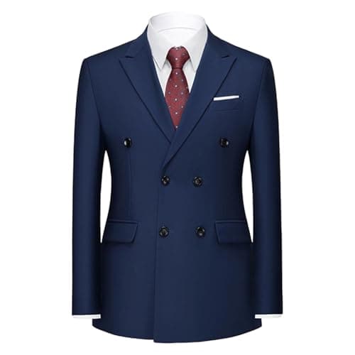 Image of Men's Double Breasted Business Suit Slim Fit Fashion Sport Coats Notch Lapel Blazer Jacket with Gold Buttons Dark Blue XX-Large