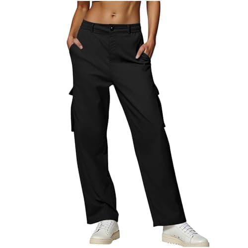Image of Womens Cargo Trousers Elasticated Waist Straight Leg Pants Cotton Casual Work Chinos Trouser Plain Hiking Walking Trousers with Pockets Gym Running Athletic Pants Ladies Tracksuit Bottoms Black