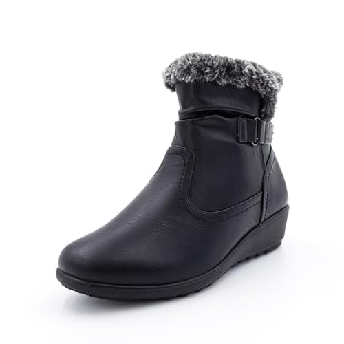Image of Cushion Walk EEE Extra-Wide Fit Faux Leather & Faux Fur Trimmed Zip Ruched Ankle Boots with Studs (5 UK, Black)
