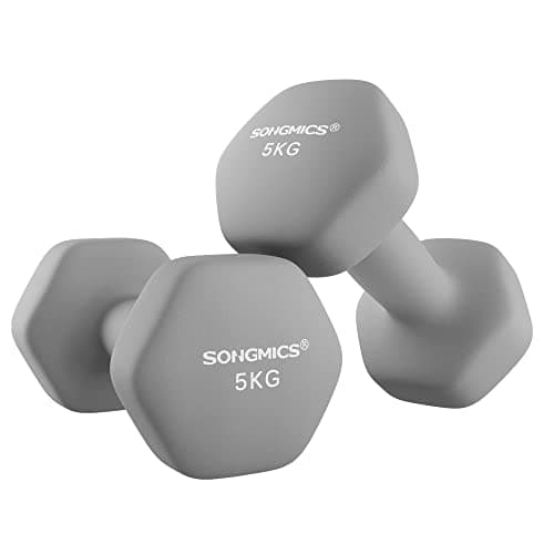 Image of SONGMICS Set of 2 Dumbbells, 2 x 5 kg Hand Weights with Neoprene Coating, Hexagonal Dumbbells Pair, Home Workout, Fitness Training Exercise, Dove Grey SYL910G01